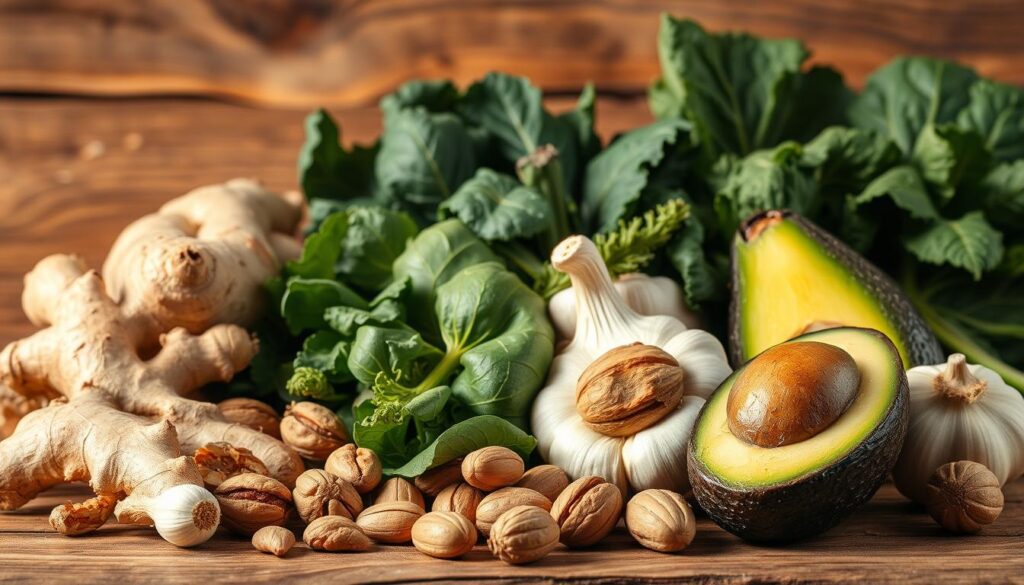 A bountiful still life featuring an assortment of whole foods known to promote male vitality and vigor. Prominently displayed in the foreground are fresh ginger, garlic, walnuts, Brazil nuts, and a ripe avocado. In the middle ground, a variety of leafy greens, including spinach and kale, are arranged artistically. The background depicts an earthy, rustic setting with exposed wood surfaces, conveying a sense of natural abundance and wellness. Warm, golden lighting bathes the scene, evoking an inviting, nourishing atmosphere. The composition is balanced and visually appealing, showcasing these potent, natural ingredients in a manner that inspires and informs.