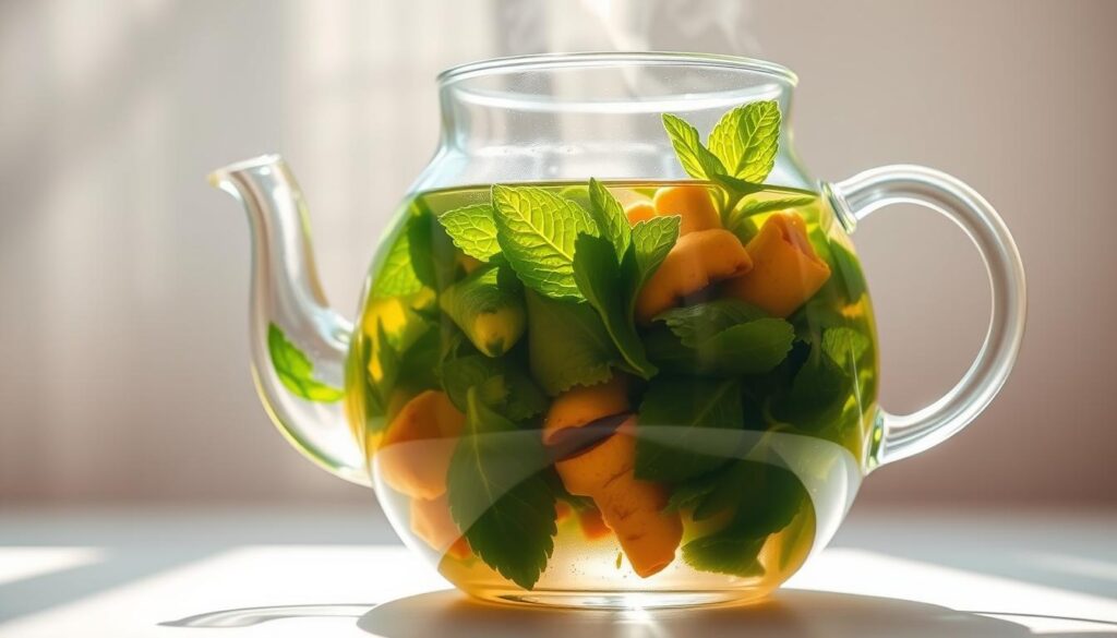 A bright and refreshing infusion of fresh mint leaves and ginger root, steaming hot in a transparent glass teapot. The vibrant green of the mint contrasts with the warm golden hue of the ginger, creating a visually appealing and inviting beverage. Rays of natural light filter through the glass, casting a soft, glowing illumination on the scene. The composition is centered, highlighting the teapot and its contents, with a clean, minimalist background that allows the ingredients to shine. The overall mood is one of wellness, vitality, and a sense of homemade, artisanal preparation.