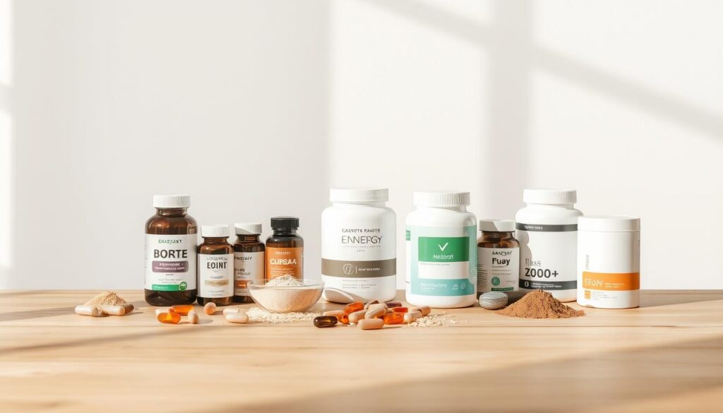 A minimalist still life with a variety of energy supplements on a simple wooden table. The foreground features an assortment of bottles, capsules, and powders in muted earth tones, arranged in a visually appealing, symmetrical composition. The middle ground has a clean, uncluttered background, with soft, natural lighting casting gentle shadows on the tabletop. The overall mood is one of simplicity, purity, and wellness, conveying the health-conscious nature of the subject matter. The angle is slightly elevated, creating a sense of balance and tranquility. A minimalist still life with a variety of energy supplements on a simple wooden table. The foreground features an assortment of bottles, capsules, and powders in muted earth tones, arranged in a visually appealing, symmetrical composition. The middle ground has a clean, uncluttered background, with soft, natural lighting casting gentle shadows on the tabletop. The overall mood is one of simplicity, purity, and wellness, conveying the health-conscious nature of the subject matter. The angle is slightly elevated, creating a sense of balance and tranquility.