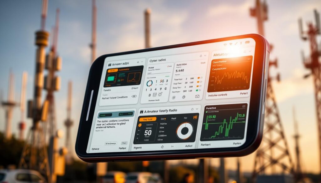 A mobile phone screen displaying a collection of amateur radio apps, set against a background of radio towers and antennas. The apps feature intuitive interfaces with customizable controls, real-time band conditions, and connectivity to global amateur radio networks. The scene is lit by a warm, golden light, conveying a sense of productivity and enthusiasm for the hobby. The phone is positioned at a slight angle, highlighting the sleek design and high-resolution display. The overall composition emphasizes the seamless integration of modern technology with the timeless craft of amateur radio.