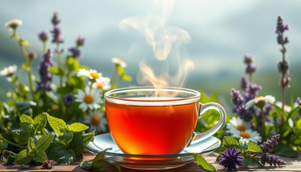 A serene and rejuvenating scene of a steaming cup of revitalizing tea, surrounded by a vibrant array of botanical elements. In the foreground, the tea cup is bathed in warm, soft lighting, highlighting the delicate steam rising from the fragrant liquid. In the middle ground, an assortment of fresh herbs, flowers, and leaves, such as mint, chamomile, and lavender, create a lush, natural backdrop. The background features a blurred, ethereal landscape, evoking a sense of tranquility and well-being. The overall composition conveys the soothing and restorative qualities of the revitalizing tea, inviting the viewer to pause and savor the moment.
