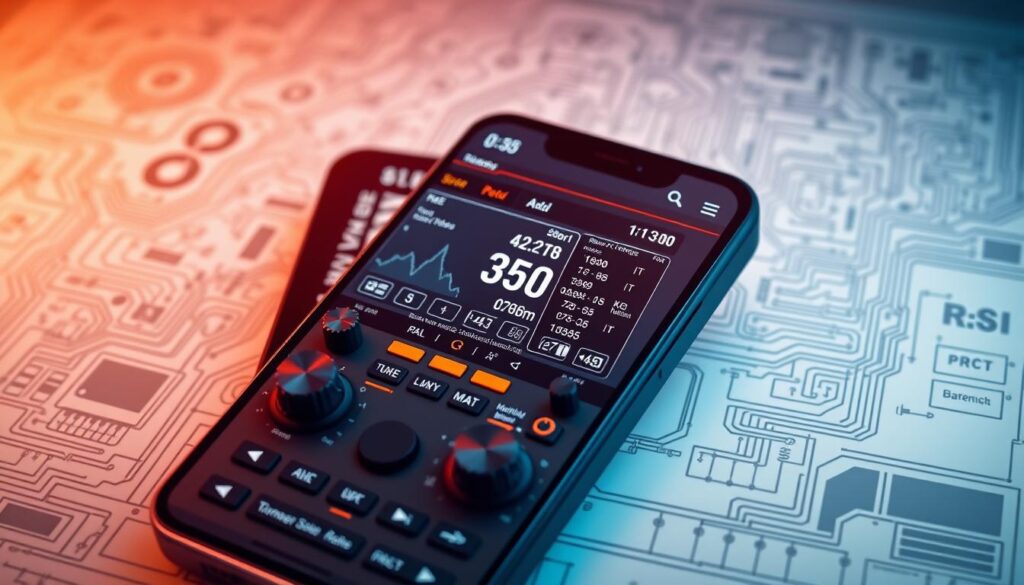A visually stunning smartphone screen displaying a meticulously crafted amateur radio app interface. The foreground features a sleek, intuitive control panel with various knobs, sliders, and toggles, allowing the user to effortlessly navigate the different functions. The middle ground showcases a high-resolution, detailed digital display providing real-time information such as signal strength, frequency, and transmission status. The background subtly blends technical schematics, circuit diagrams, and a soft, warm lighting that creates a sense of depth and professionalism. The overall composition conveys the power and versatility of transforming a smartphone into a fully-fledged amateur radio device.