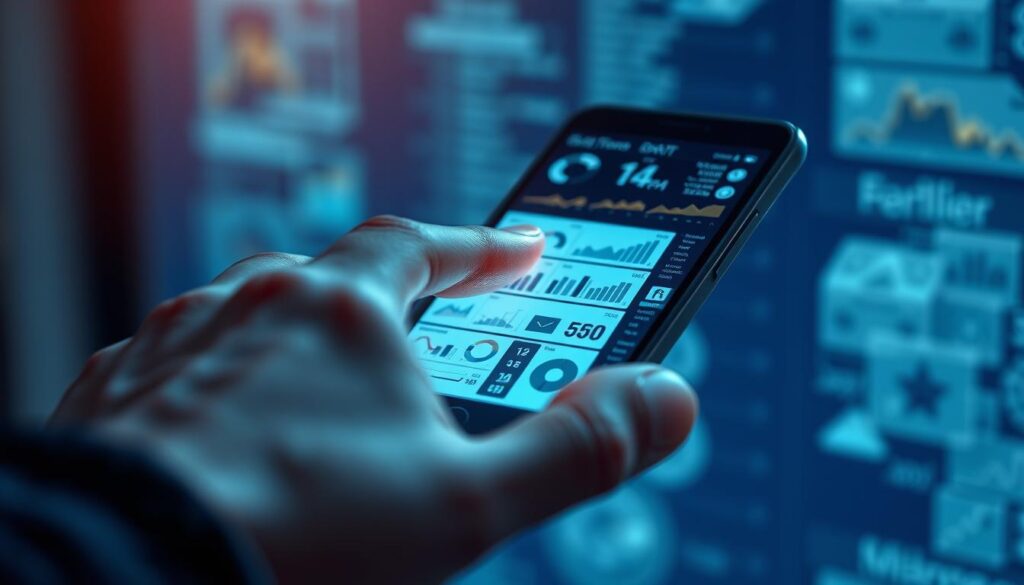 Detailed digital illustration of data collection, featuring a closeup view of a hand reaching out to tap on a smartphone screen. The screen displays a grid-like interface with various data visualization elements such as charts, graphs, and statistics. The background is blurred, suggesting a sense of focus on the data-related content. Lighting is soft and diffused, creating a mood of introspection and contemplation. The overall composition conveys the idea of personal information being accessed and analyzed, alluding to the concept of online privacy and data privacy.