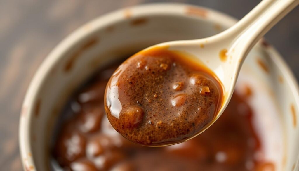 Genera una imagen de una cucharada de pasta de miso orgánica