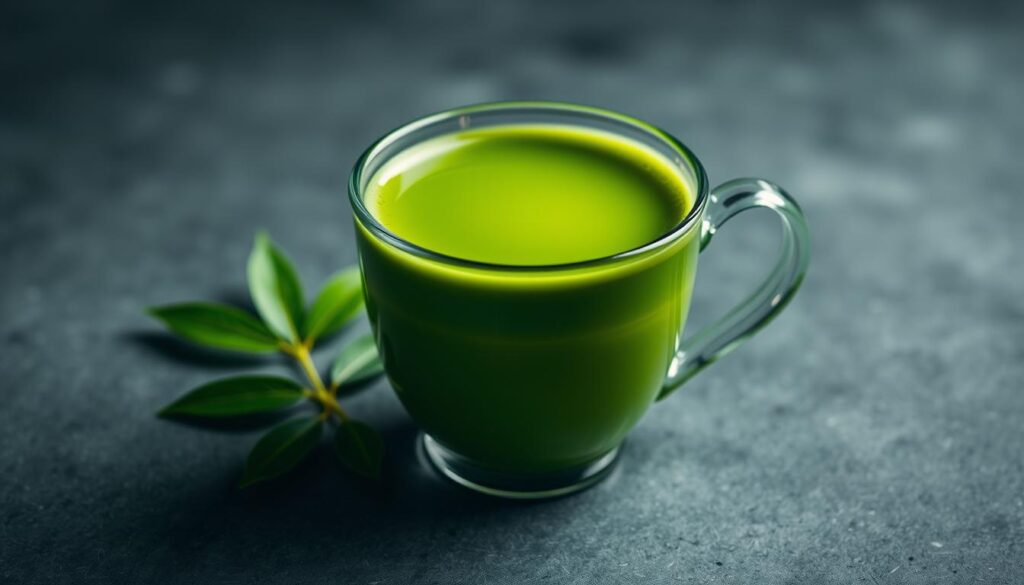 Genera una imagen de una taza de té verde matcha orgánico
