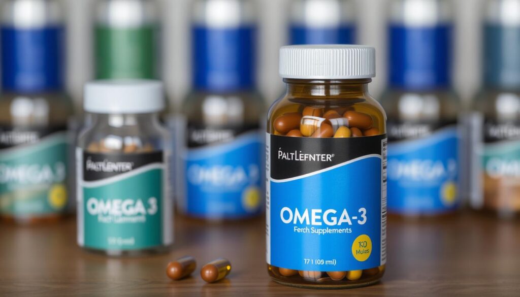 Imagen de un frasco de suplementos de Omega3 junto a una cápsula Imagen de un frasco de suplementos de Omega3 junto a una cápsula