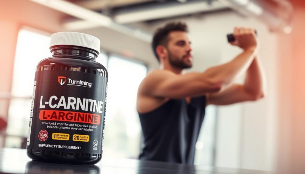 Imagen de un hombre realizando ejercicio con una botella de suplemento de L-Carnitina y L-Arginina Imagen de un hombre realizando ejercicio con una botella de suplemento de L-Carnitina y L-Arginina