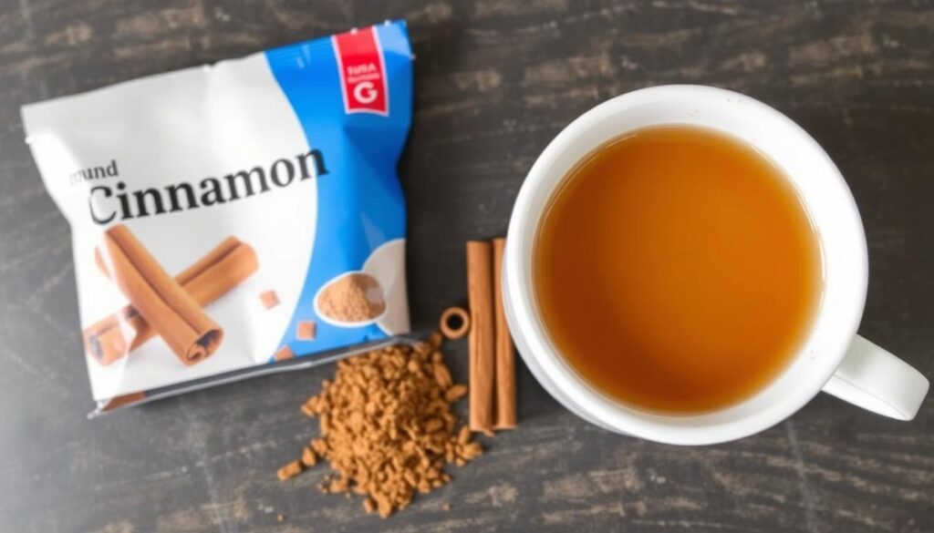 Imagen de un paquete de canela en polvo con un té de canela preparado.