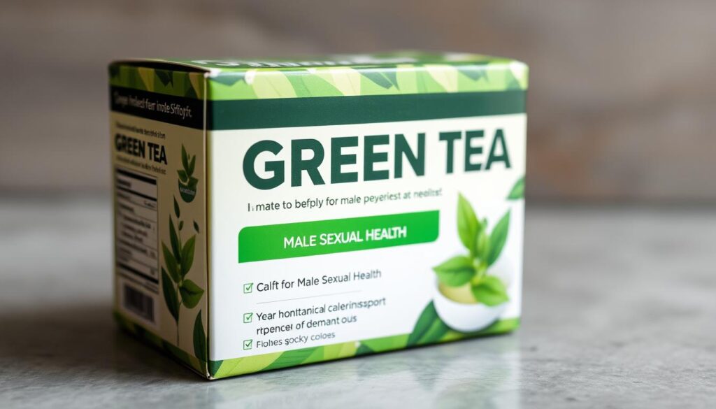 Imagen de una caja de té verde con una etiqueta que destaca sus beneficios para la salud sexual masculina.