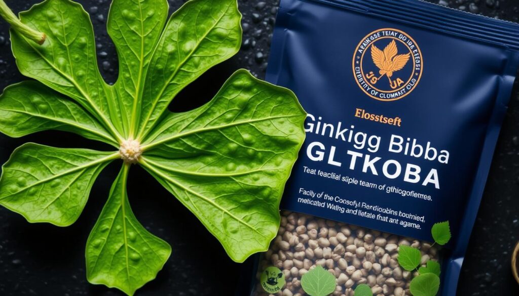 Imagen de una hoja de Ginkgo Biloba con un paquete de té.