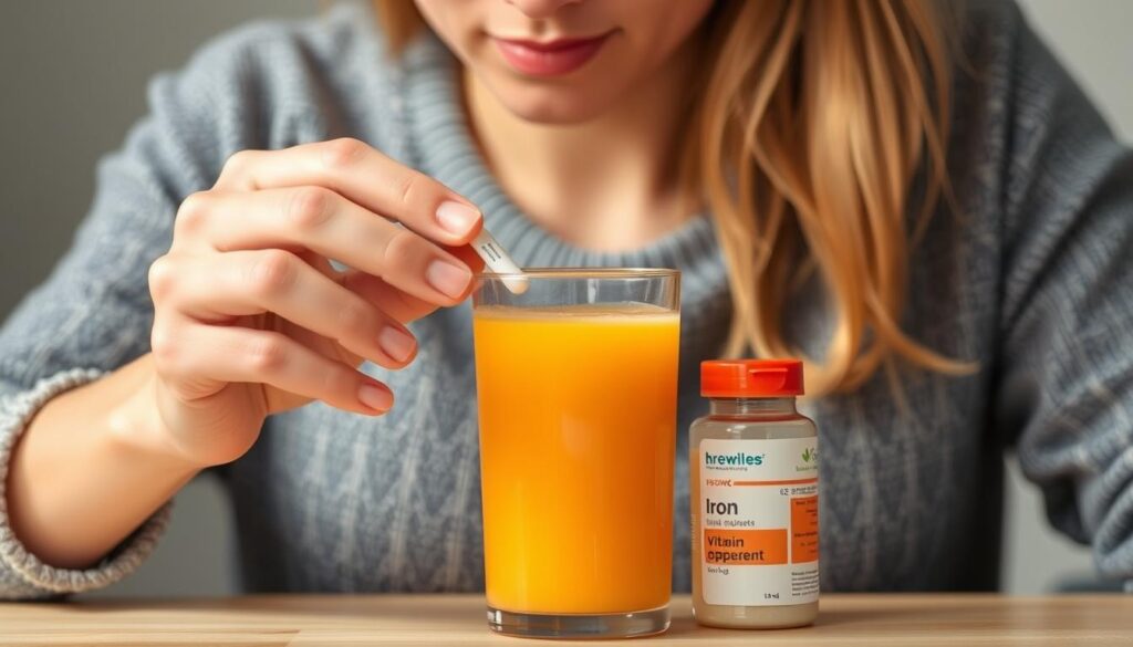 Imagen de una persona consumiendo un suplemento de hierro con un vaso de jugo de naranja rico en vitamina C Imagen de una persona consumiendo un suplemento de hierro con un vaso de jugo de naranja rico en vitamina C