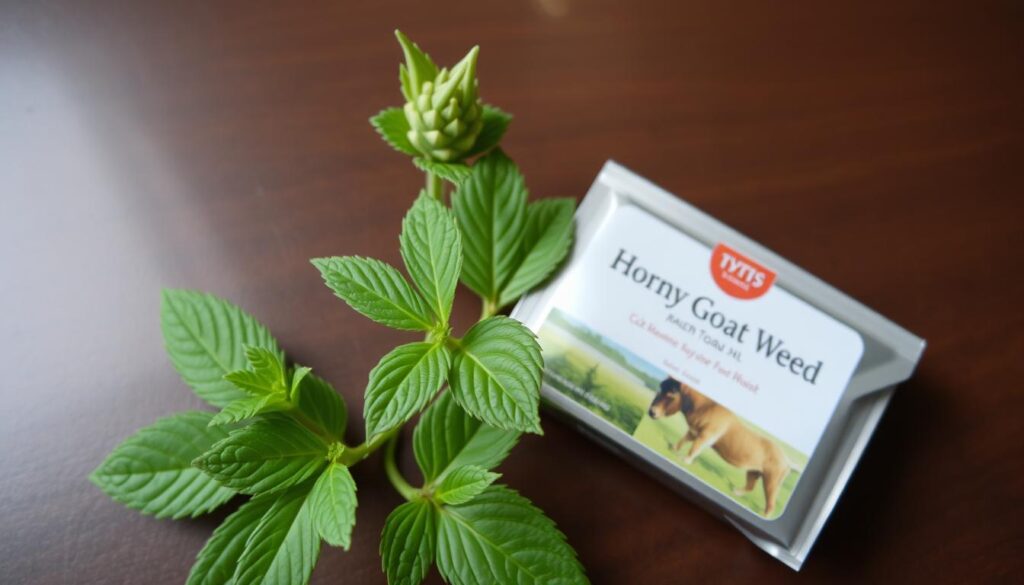 Imagen de una planta de Horny Goat Weed con un paquete de té.