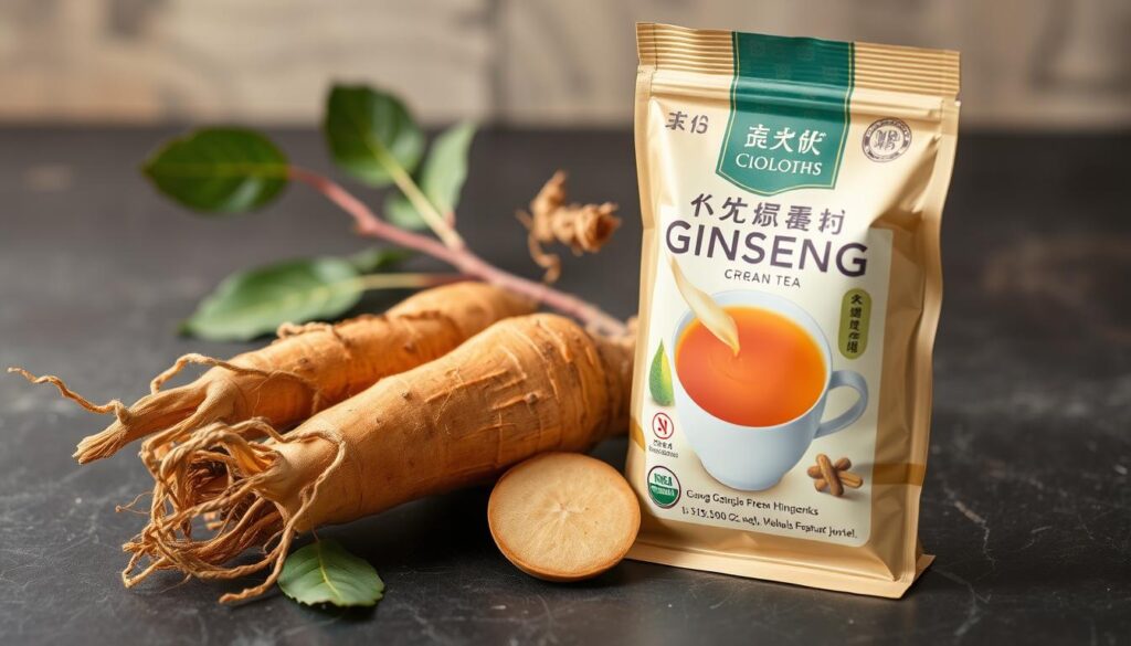 Imagen de una raíz de ginseng fresca con un paquete de té de ginseng al lado.
